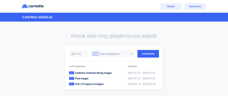Érvényes autópálya-matrica lekérdezése a Carnotie felületén